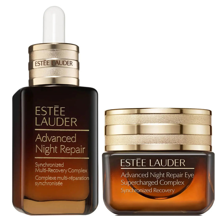 Estée Lauder Advanced Night Repair Synchronized Recovery Complex II duo, lotion and moisturizer bottles on a white background.