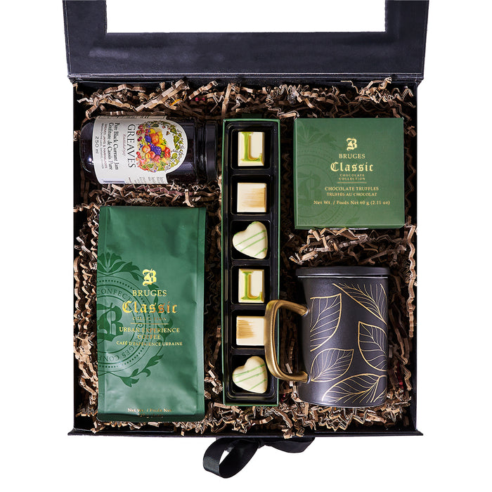 Exquisite Black and Gold Mug Gift Box with Truffles and Coffee – gift basket with black - sable mug, greaves pure black current jam and bruges urban