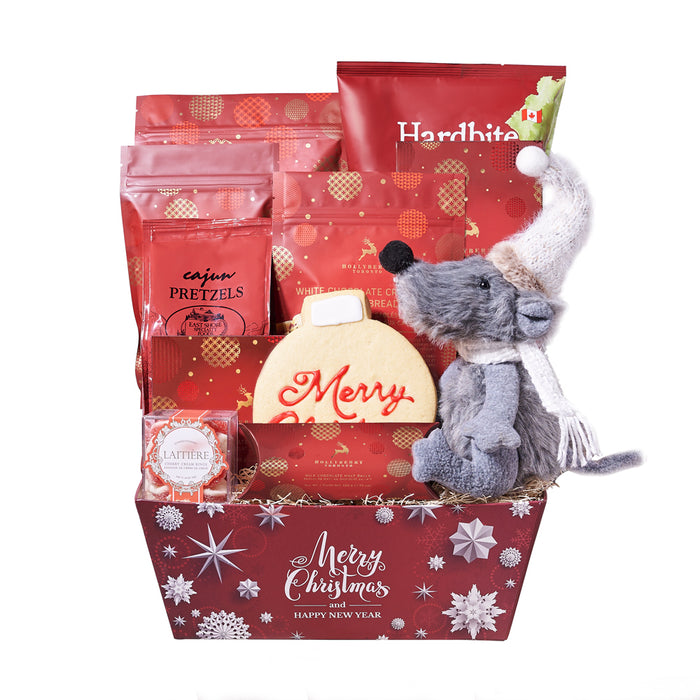 Festive Holiday Market Tray Gift Basket with Plush Mouse – gift basket with hollyberry white chocolate peppermint popcorn, hollyberry dark chocolate