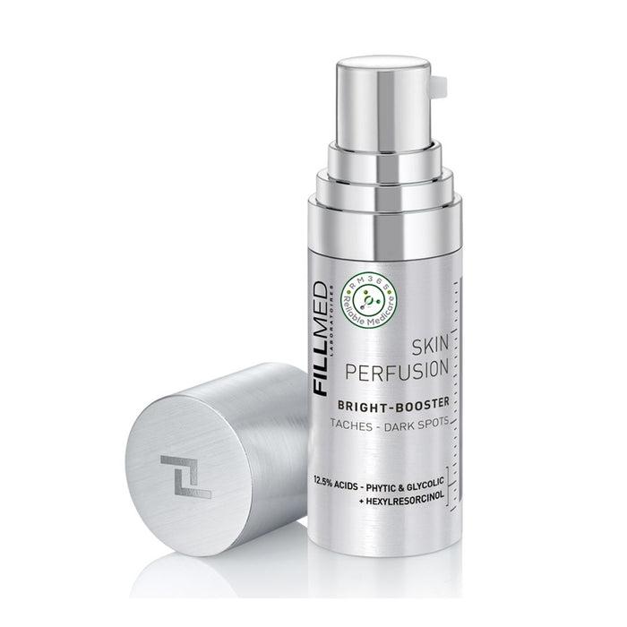 FILLMED Bright Booster skincare set with three 10ml bottles, featuring a brightening and revitalizing serum for radiant skin