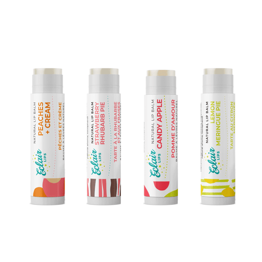 Eclair natural lip balms - Peaches, Strawberry, Candy Apple, Lemon