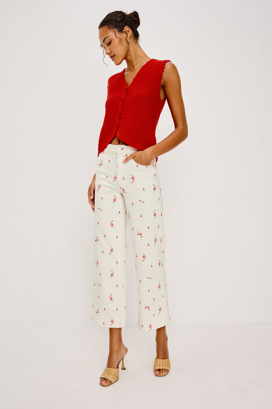 Getty Crop Jean in Light Stretch Denim With Wide Straight Legs, 27" Inseam, Floral Embroidery, 5-Pockets, and Zip Fly in Ecru Romantic Floral Colorway - Full Body Front View Featured on Model
