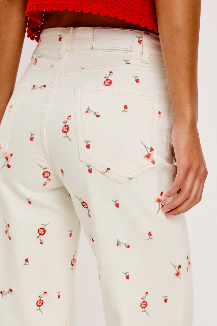 Getty Crop Jean in Light Stretch Denim With Wide Straight Legs, 27" Inseam, Floral Embroidery, 5-Pockets, and Zip Fly in Ecru Romantic Floral Colorway - Lower Body Close Up Back View Featured on Model