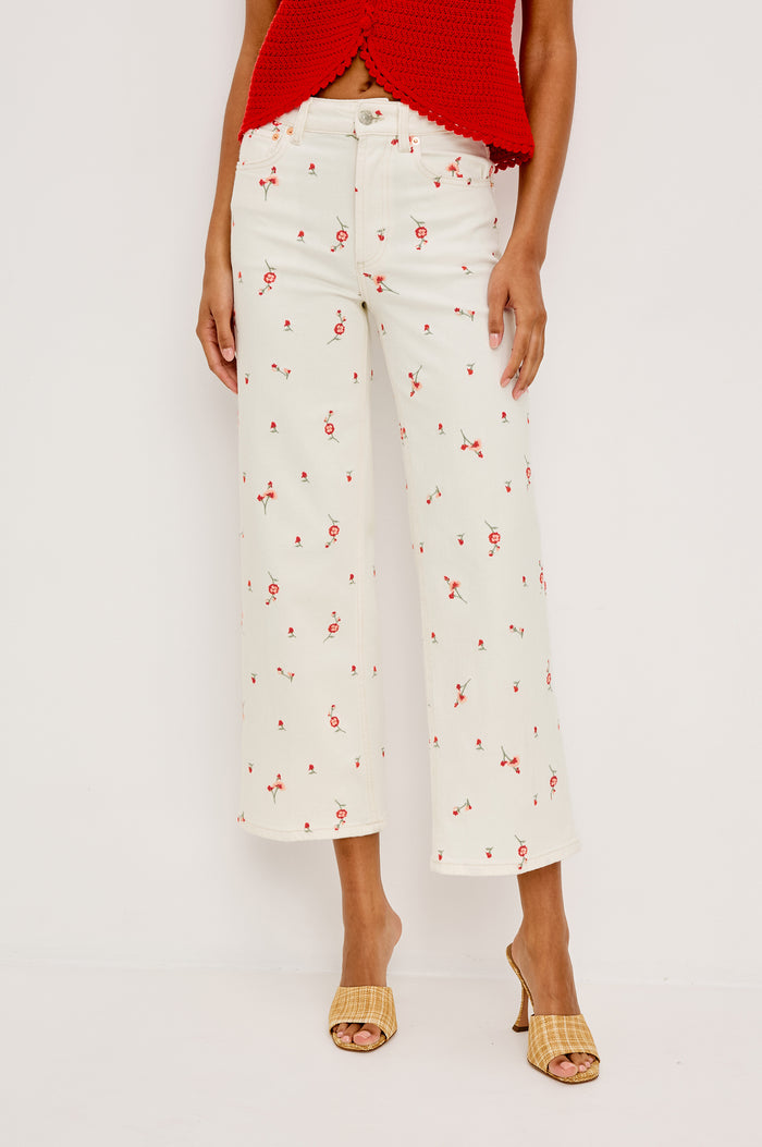 Getty Crop Jean in Light Stretch Denim With Wide Straight Legs, 27" Inseam, Floral Embroidery, 5-Pockets, and Zip Fly in Ecru Romantic Floral Colorway - Lower Body Front View Featured on Model