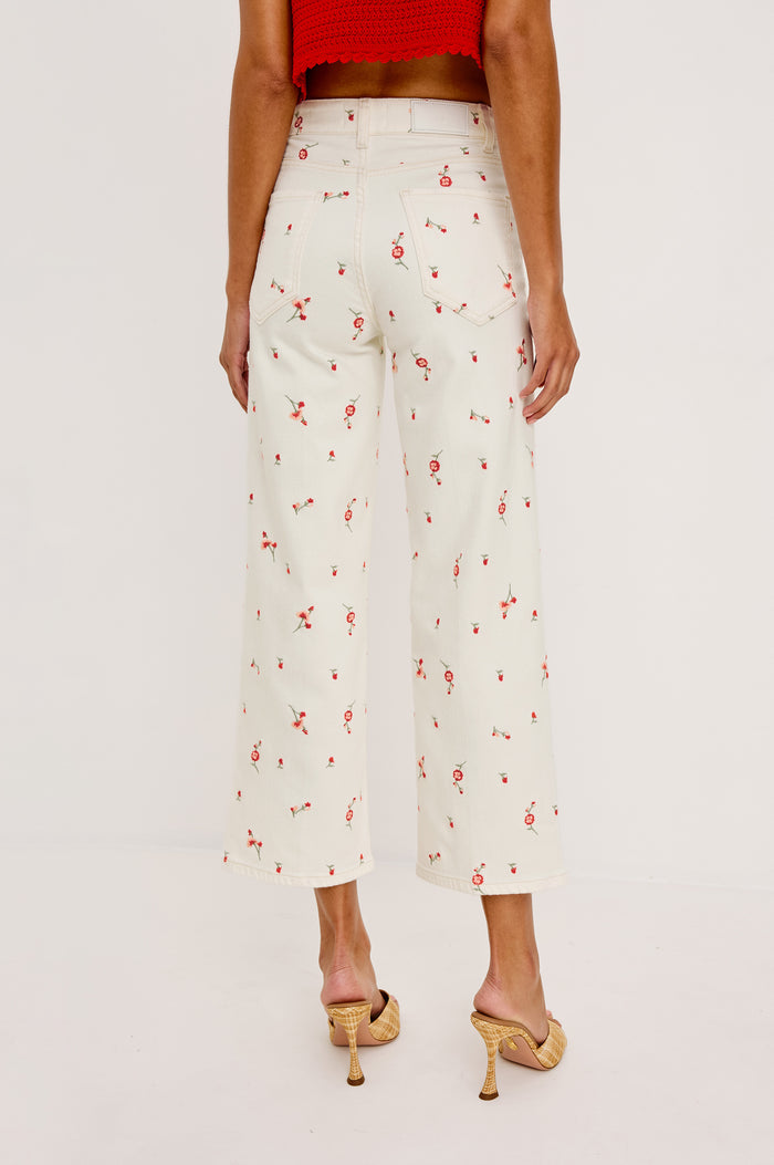 Getty Crop Jean in Light Stretch Denim With Wide Straight Legs, 27" Inseam, Floral Embroidery, 5-Pockets, and Zip Fly in Ecru Romantic Floral Colorway - Lower Body Back View Featured on Model