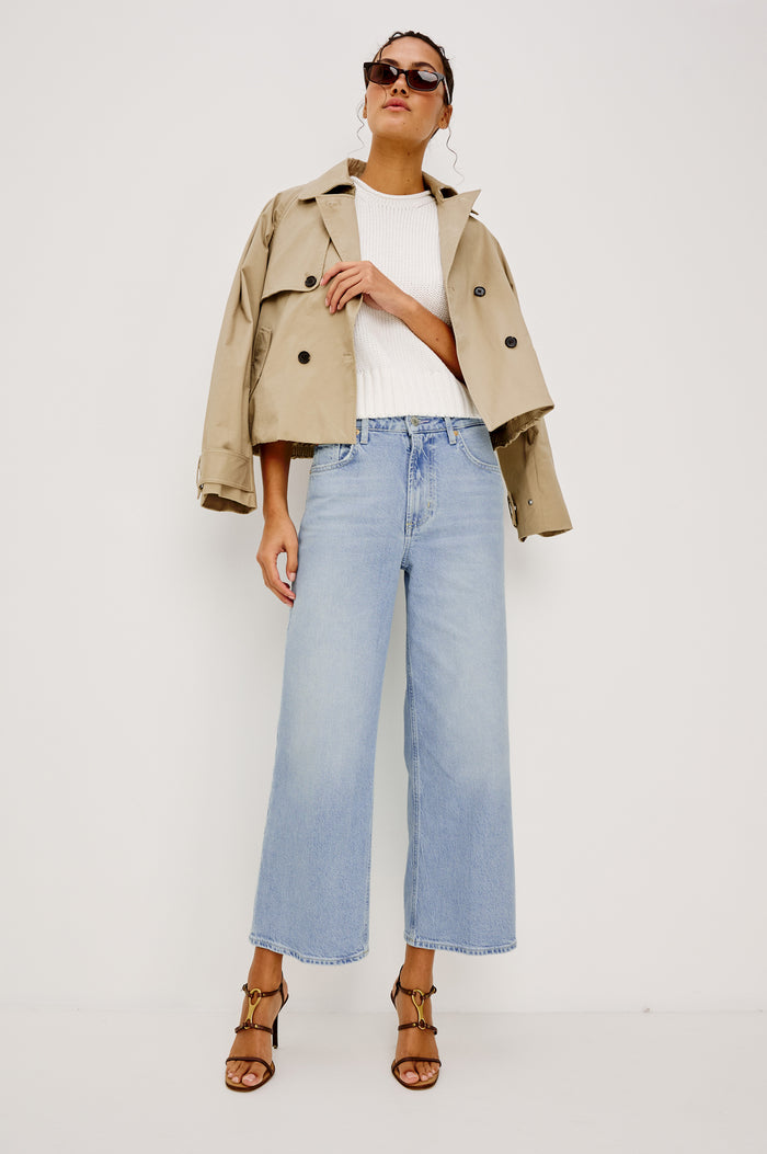 Getty Crop Jean in Light Stretch Denim With Wide Straight Legs, 27″ Inseam, 5-Pockets, and Zip Fly in Jasper Colorway - Full Body Front View Featured on Model