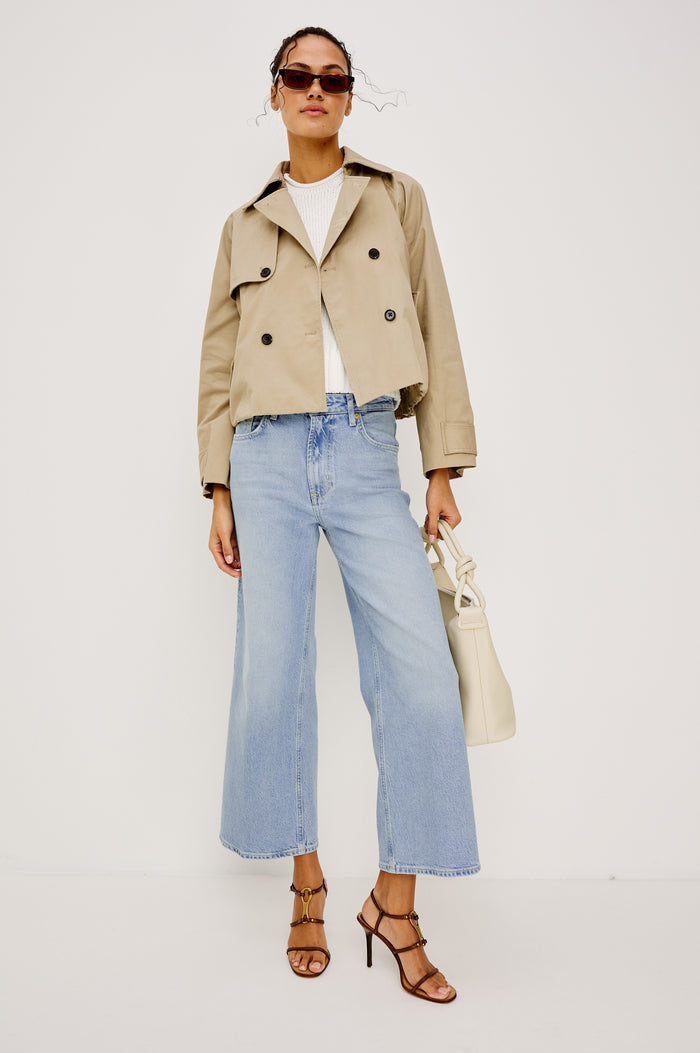 Getty Crop Jean in Light Stretch Denim With Wide Straight Legs, 27″ Inseam, 5-Pockets, and Zip Fly in Jasper Colorway - Full Body Front View Featured on Model