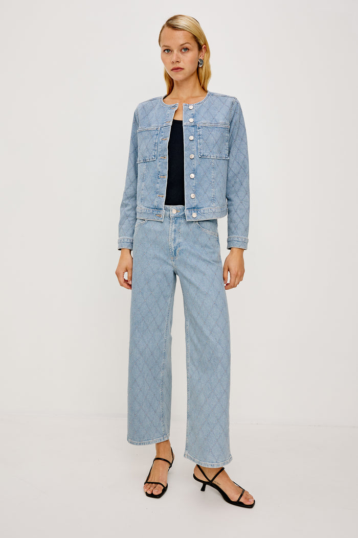 Getty Wide Leg Crop Jean in Light Stretch Denim With Wide Straight Legs, 27″ Inseam, 5-Pockets, and Front Button Fly in Quilted Stud Colorway - Full Body Front View Featured on Model