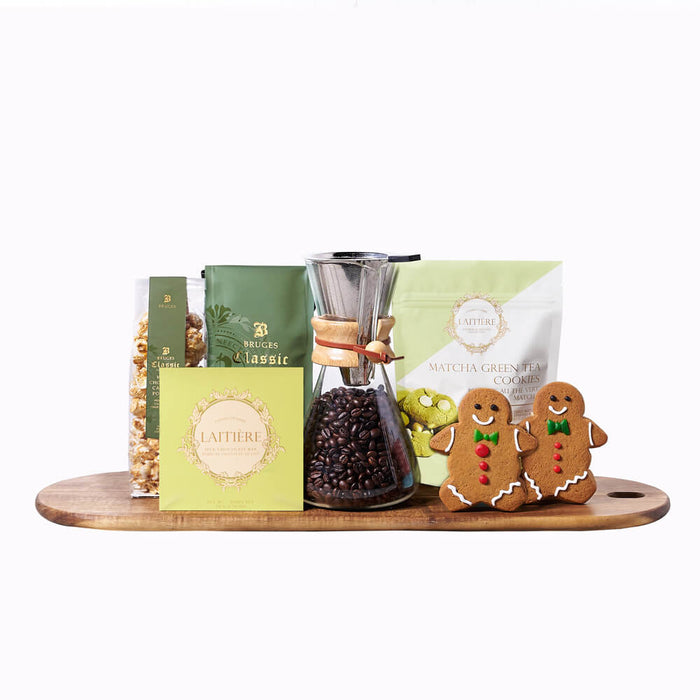 Gourmet Holiday Coffee and Cookie Gift Set – gift basket with bruges urban experience coffee, patterson pour over set and 2 gingerbread man cookies