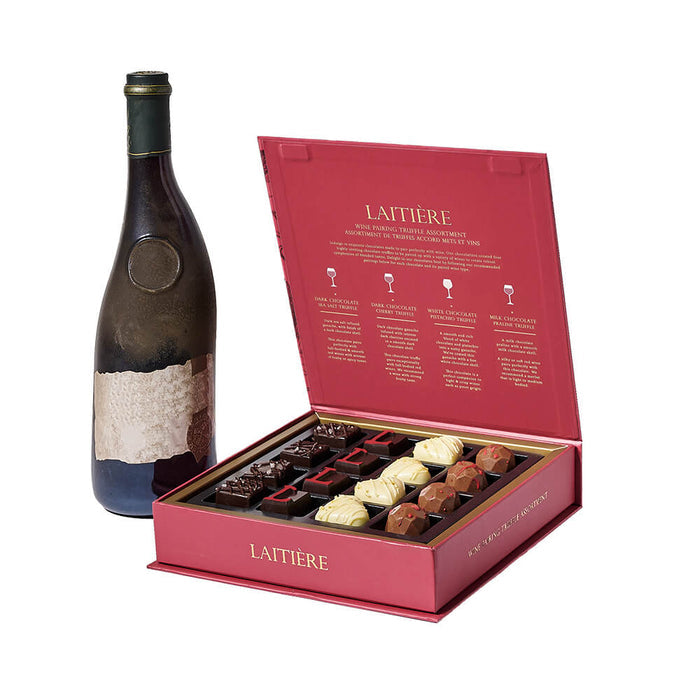 Gourmet Wine and Laitière Chocolate Truffles Celebration Gift – gift basket with bottle of wine and laitiere wine pairing truffle assortment