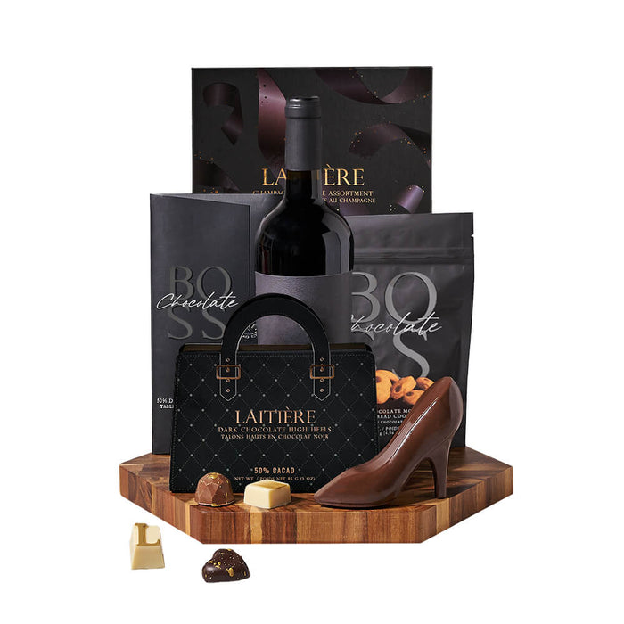 Gourmet Wine Gift Basket with Dark Chocolate and Mocha Shortbread – gift basket with bottle of wine, laitiere champagne truffle assortment