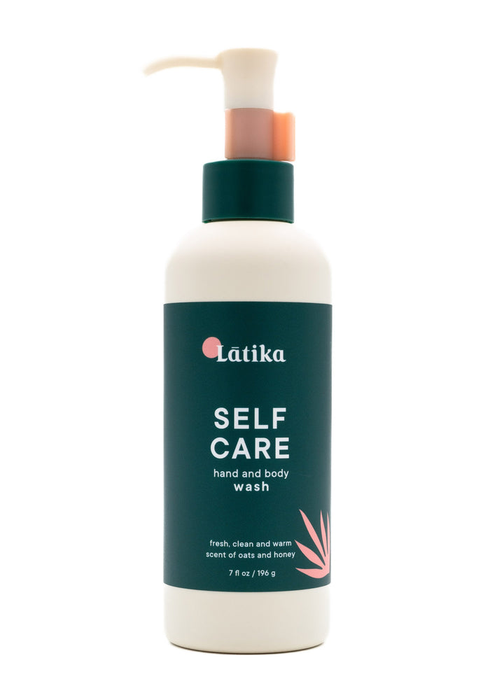 Bottle of Hand & Body Wash | Latika with a green label featuring the words "Self Care" and a subtle pink design, emphasizing fresh skincare for hands and body.