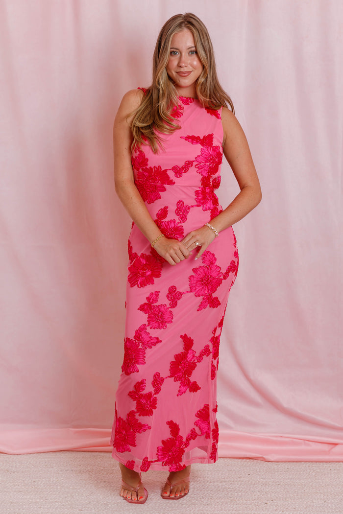 Pink Floral Open Back Maxi Dress- Embroidered Statement Occasion Dress- One and Only Dresses
