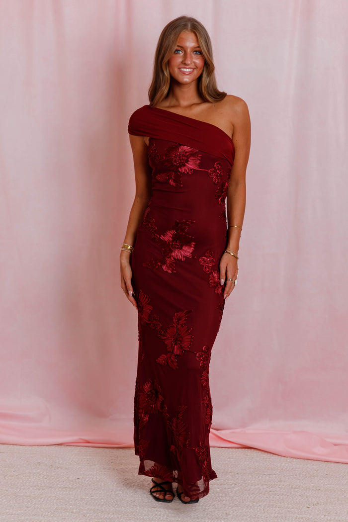 Bordeaux Floral Maxi Dress- Women's One Shoulder Formal Dress- Fall Wedding Guest Dresses for Women