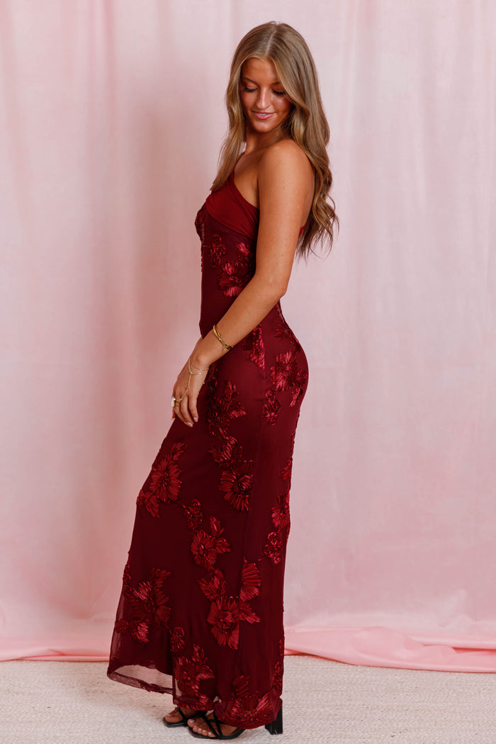 Bordeaux Floral Maxi Dress- Women's One Shoulder Formal Dress- Fall Wedding Guest Dresses for Women