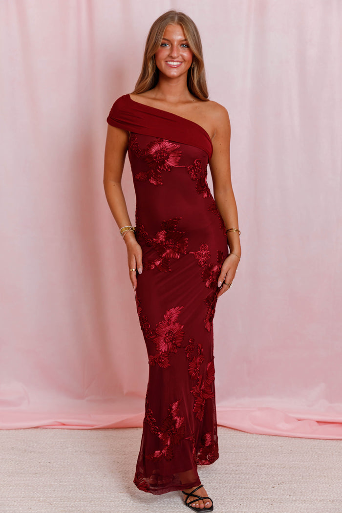 Bordeaux Floral Maxi Dress- Women's One Shoulder Formal Dress- Fall Wedding Guest Dresses for Women