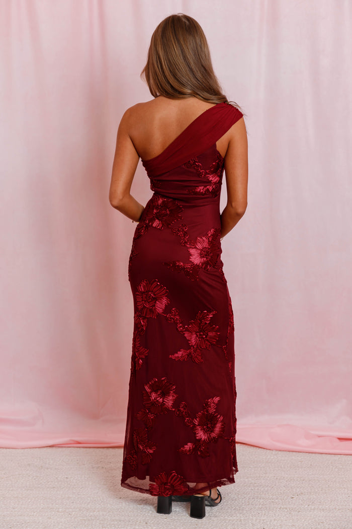Bordeaux Floral Maxi Dress- Women's One Shoulder Formal Dress- Fall Wedding Guest Dresses for Women