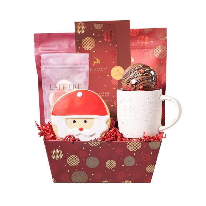 Holiday Celebration Gift Tray Featuring Hot Chocolate Bomb and Sweets – gift basket with santa face sugar cookie, laitiere cherry cream rings candy