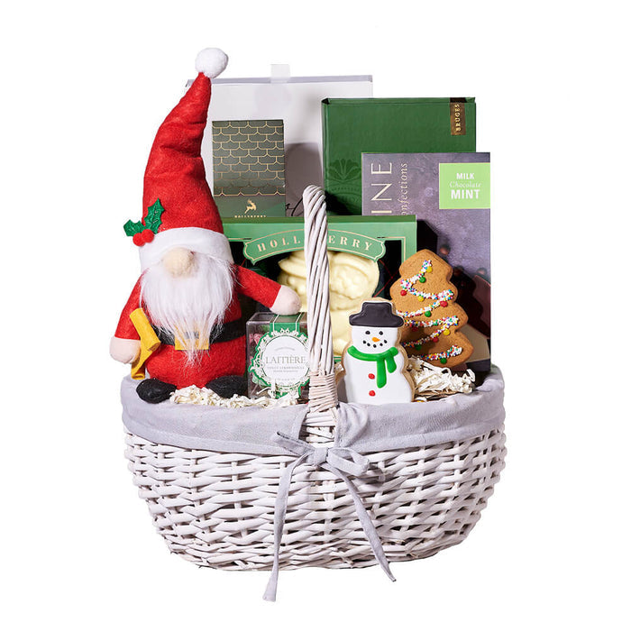 Holiday Chocolate and Cookie Basket with Plush Santa – gift basket with mr. claus plushie, small christmas tree gingerbread cookie and full snowman