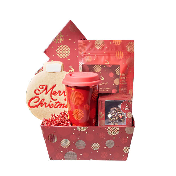 Holiday Gift Tray Featuring Gourmet Chocolates and Travel Cup – gift basket with hollyberry gourmet truffle assortment tree box, hollyberry white