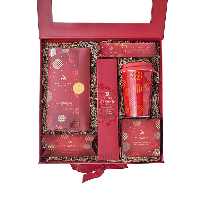 Holiday Gourmet Chocolate Gift Box with Red Travel Cup – gift basket with hollyberry assorted individual wrapped chocolates, hollyberry milk