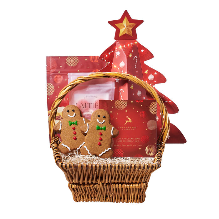 Holiday Gourmet Sweet Basket in Small Wicker Handle – gift basket with laitiere cherry cream rings candy bag, 2 gingerbread man cookies