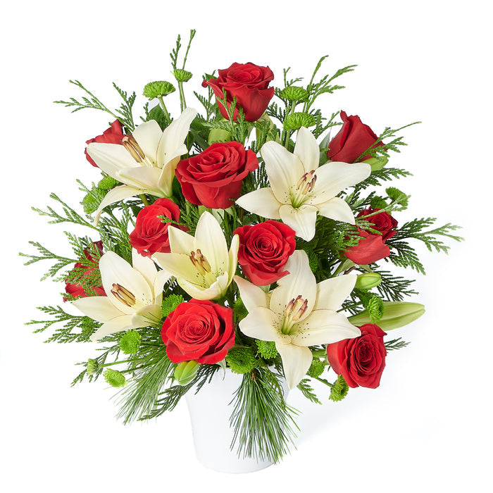 Holiday Season Red and White Mixed Flower Arrangement in Ceramic Pot – gift basket with this delightful flower arrangement features red roses