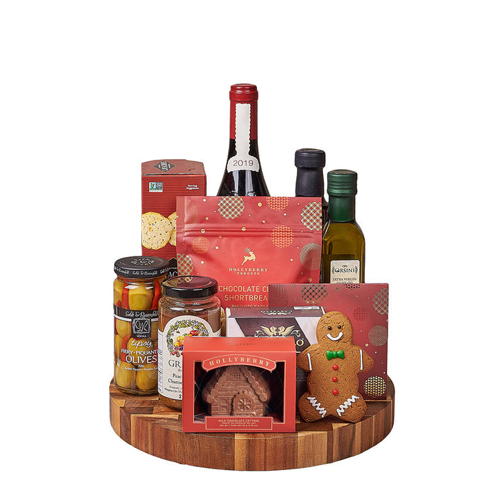 Holiday Season Wine Gift Basket with Brie Cheese and Acacia Wood Cutting Board – gift basket with bottle of wine, orsini extra virgin olive oil