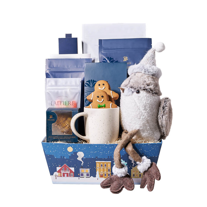 Holiday Sweet Treat Tray with Sparrow Plush and Mug – gift basket with 2 gingerbread man cookies, grey holiday sparrow and elanor - cream mug