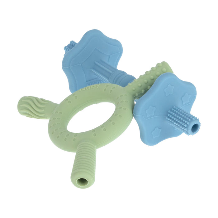 The Nuby Hollow Sensory Tube Teethers | Green/Blue is a silicone baby teething toy with a circular handle and three textured arms, each offering unique shapes, patterns, and bristles to gently soothe sore gums.