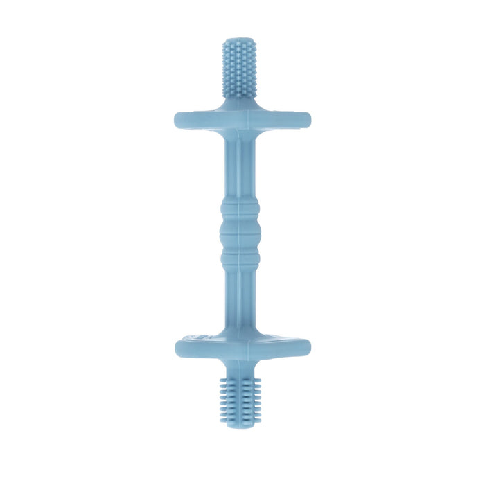 The Nuby Hollow Sensory Tube Teethers in green/blue is a double-ended chew toy shaped like a dumbbell, with textured bristles and a ridged grip for comfort—similar to silicone tube teethers.