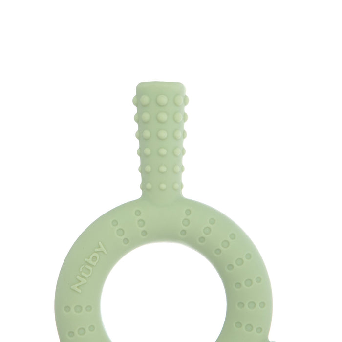 The Nuby Hollow Sensory Tube Teethers in green/blue feature a ring shape, textured handle with massaging bristles and raised bumps, and are soothing silicone toys ideal for teething babies.