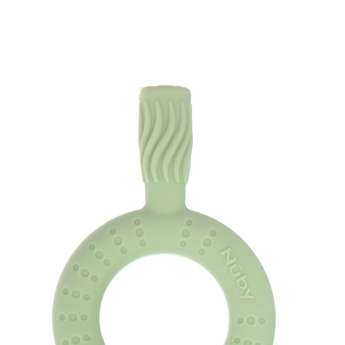 The Nuby Hollow Sensory Tube Teether in green/blue is a silicone baby teething toy featuring a circular handle and textured bristles on top, perfect for soothing little gums. The Nuby logo is embossed on the ring for added style.