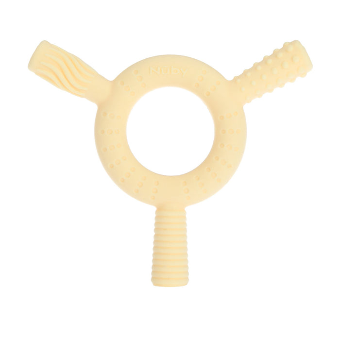 The Nuby Hollow Sensory Tube Teethers in green/yellow feature three textured handles, massaging bristles, and unique patterns for teething relief. Made of soft material, they provide comfort and are embossed with the trusted Nuby name.