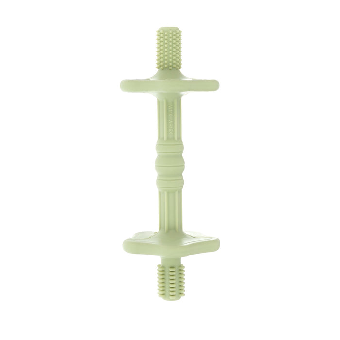 The Nuby Hollow Sensory Tube Teethers in green/yellow is a double-ended dog chew toy with massaging bristles and square guards, resembling silicone baby teething relief products.