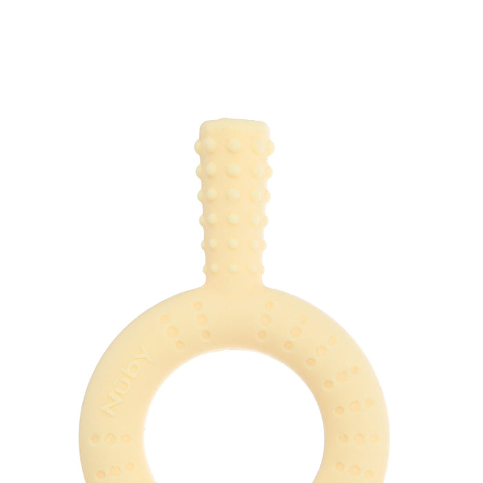 A green and yellow Hollow Sensory Tube Teether by Nuby with textured bumps and a handle offers gentle teething relief for babies. The background is plain white.