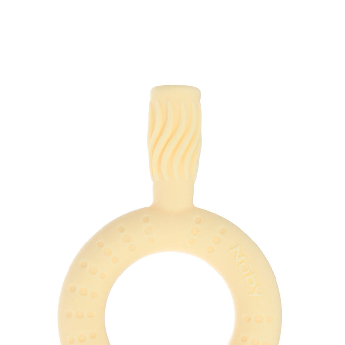 The Nuby Hollow Sensory Tube Teethers in Green/Yellow soothe baby teething with a round ring, massaging bristles, a textured toothbrush head, and small raised bumps. The Nuby brand name is embossed on the side.