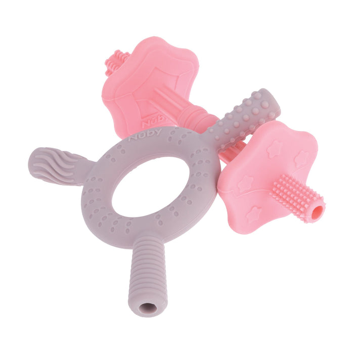 The Nuby Hollow Sensory Tube Teethers in Pink/Plum feature a ring with three uniquely textured arms, offering soothing teething relief and varied sensory stimulation for babies.