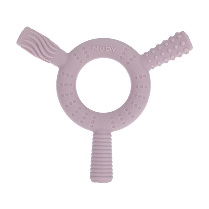 The Nuby Hollow Sensory Tube Teethers in Pink/Plum are silicone teethers with a circular center and three textured arms, featuring varied patterns for teething relief. The Nuby brand name is embossed on top of the ring.