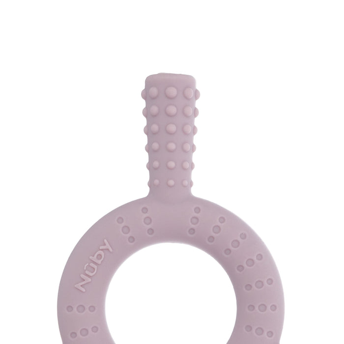 The Nuby Hollow Sensory Tube Teether in Pink/Plum is a silicone ring-shaped teether with textured bumps for soothing teething pain. The Nuby brand name is embossed on the side.