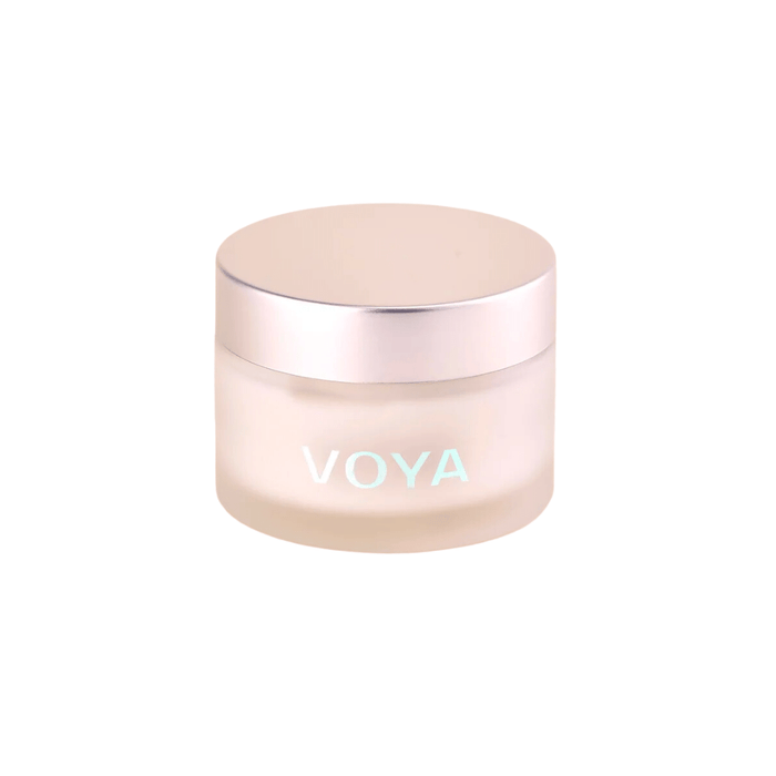 Glass jar with a metallic lid containing Hydraveil Hydrating Face Mask | VOYA, designed for skincare and hydration.