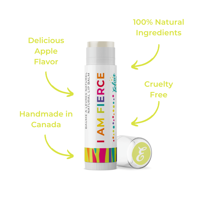 I Am Fierce natural lip balm with apple flavor and cruelty-free ingredients.