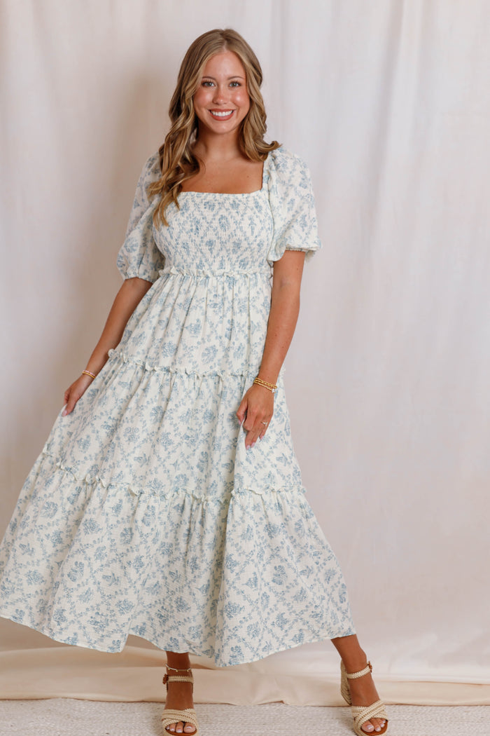 Blue and Ivory Floral Cotton Midi Dress- Women's Conservative Dresses