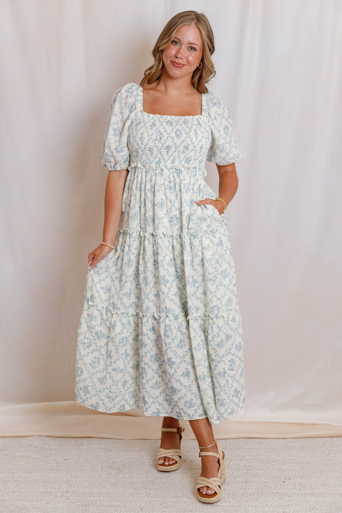 Blue and Ivory Floral Cotton Midi Dress- Women's Conservative Dresses