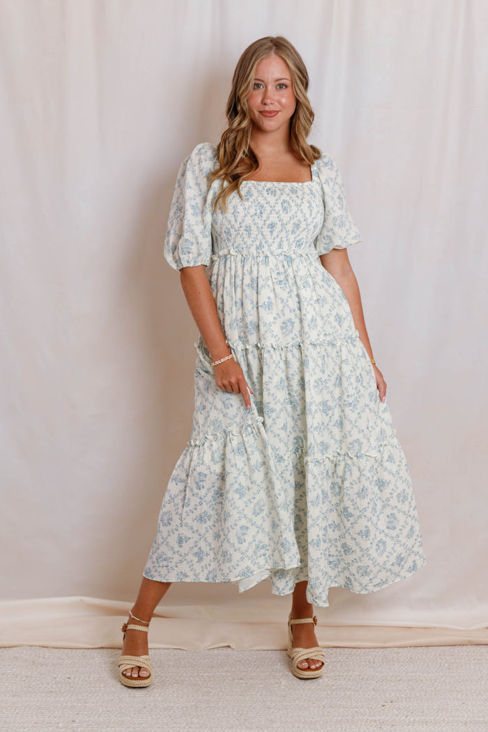 Blue and Ivory Floral Cotton Midi Dress- Women's Conservative Dresses