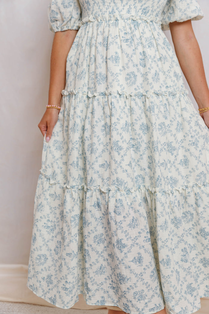 Blue and Ivory Floral Cotton Midi Dress- Women's Conservative Dresses