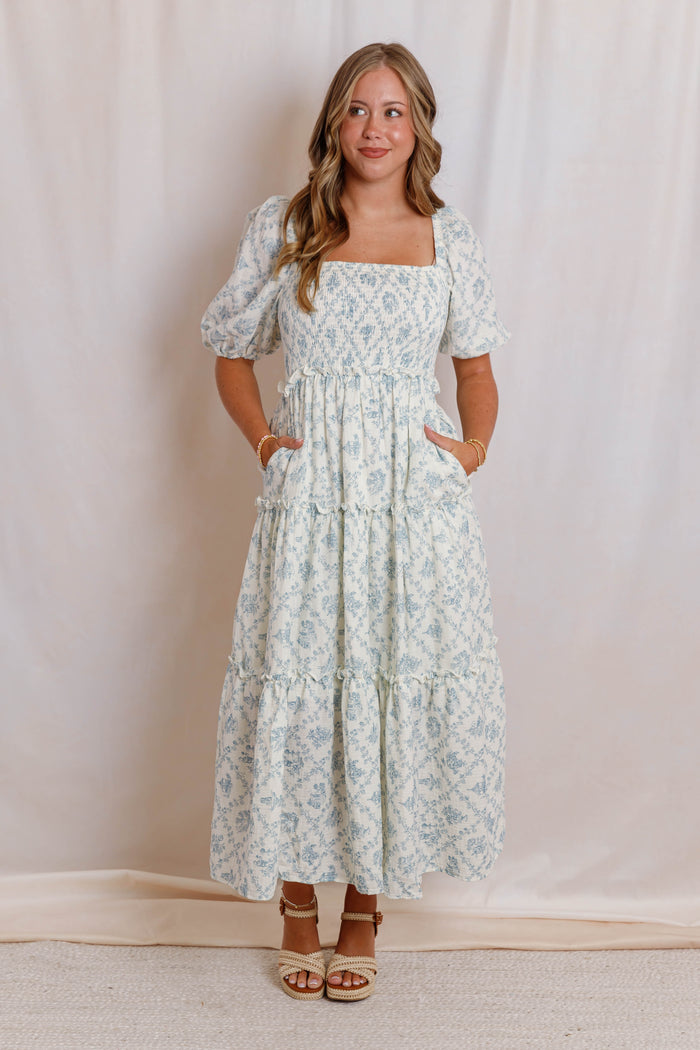 Blue and Ivory Floral Cotton Midi Dress- Women's Conservative Dresses