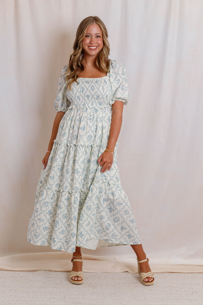 Blue and Ivory Floral Cotton Midi Dress- Women's Conservative Dresses