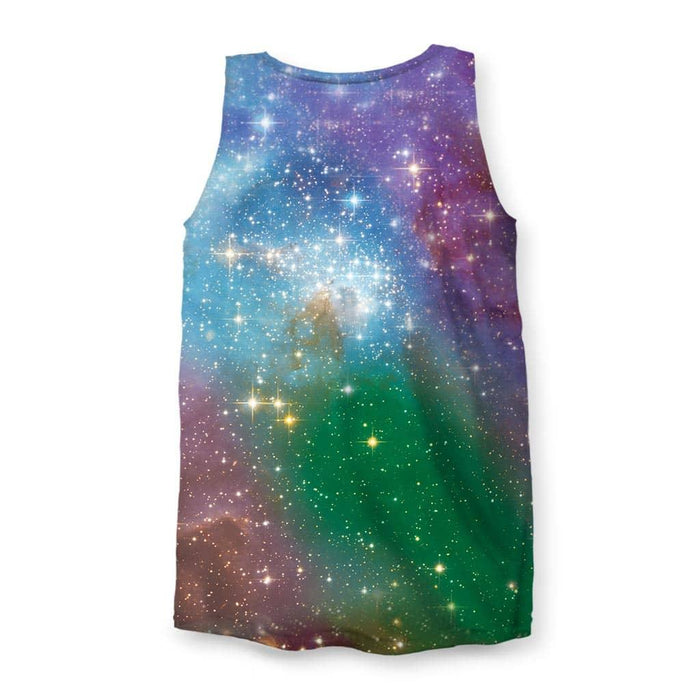 Indie Spacecat Men's Tank in Cosmic Nebula & Pepperoni. OEKO-TEX® 100, REACH Compliant, Zero-Wastewater Printing.