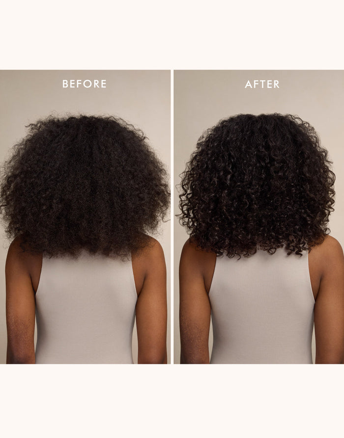 Before and after comparison showing improved curl definition and hydration on dark curly hair after using Intense Hydrating Mask | Moroccanoil, a premium skincare hair treatment.